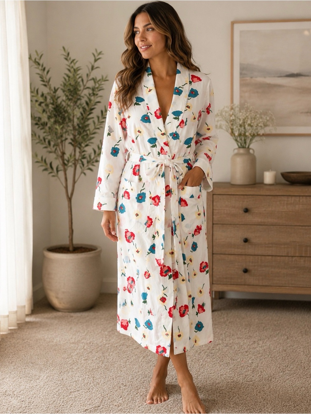 Sleepy Jones White Floral Robe with Red and Teal Flowers